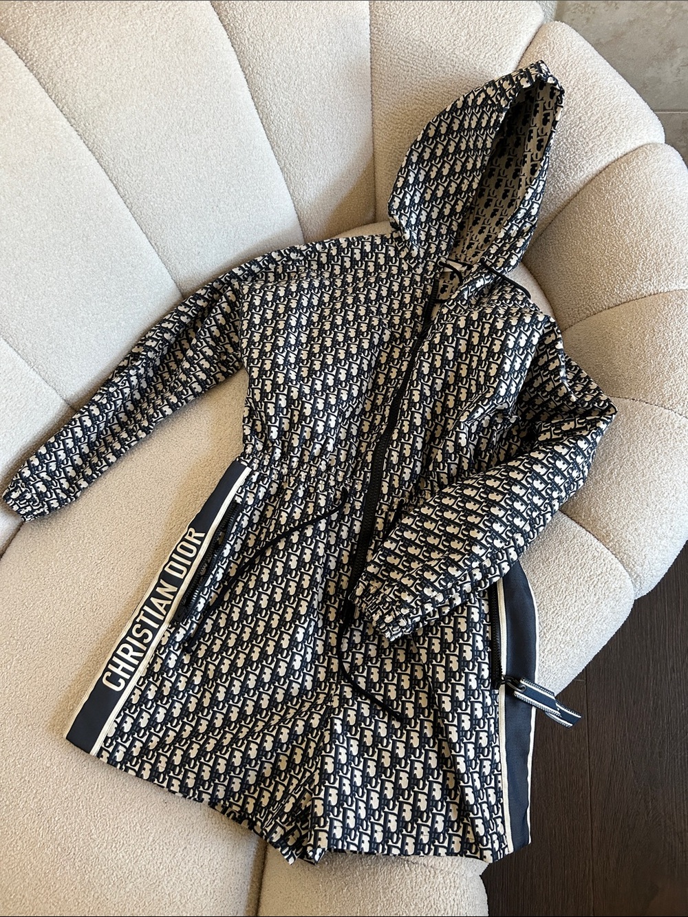 Dior Navy & White Monogram Hooded Trench Coat